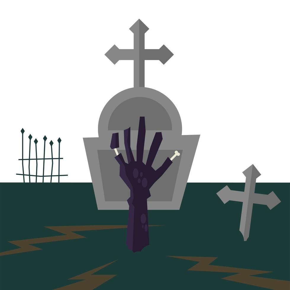 mão de zumbi de halloween em desenho vetorial de cemitério vetor