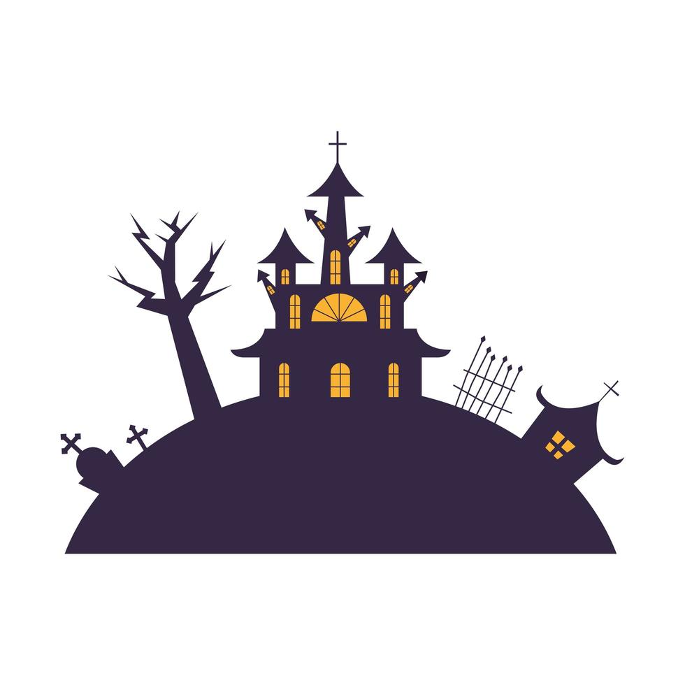 casas de halloween com desenho vetorial de árvore, sepultura e portão vetor