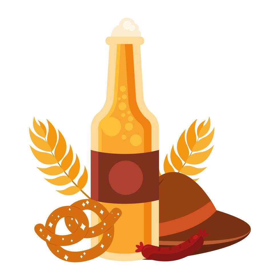 desenho de vetor de garrafa de cerveja, chapéu, pretzel e salsicha oktoberfest