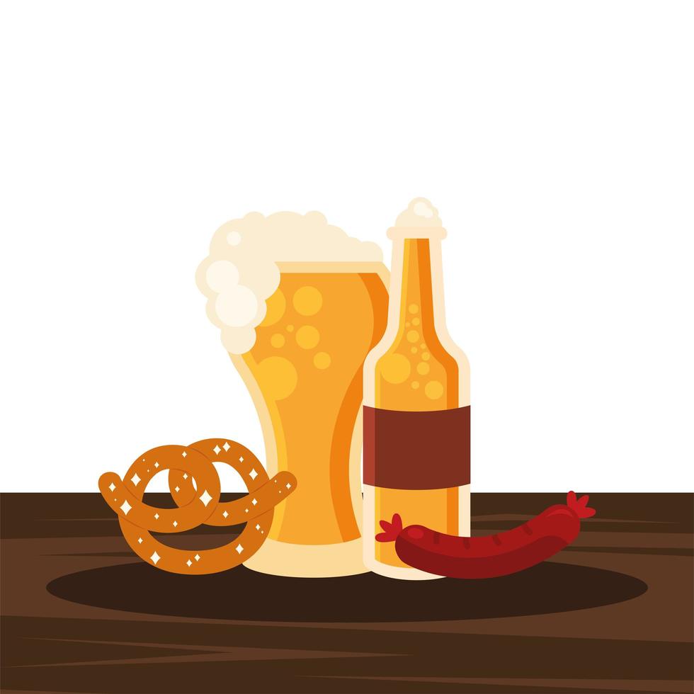 copo de cerveja oktoberfest, garrafa, pretzel e desenho vetorial de salsicha vetor