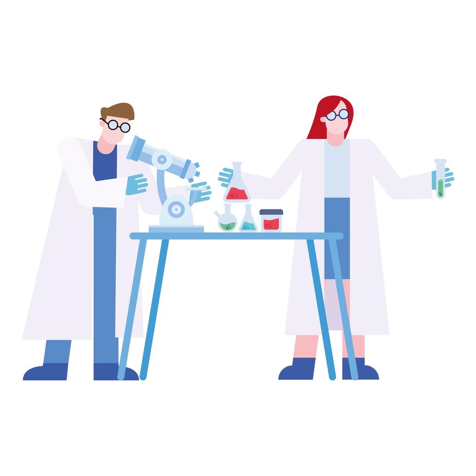 homem químico e mulher com microscópio e frascos em desenho vetorial de mesa vetor