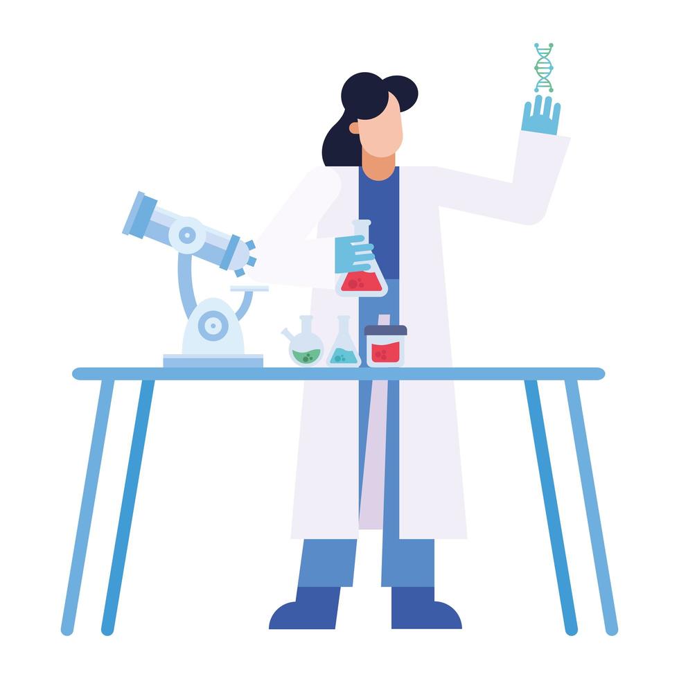 mulher química com frascos de DNA de microscópio em desenho vetorial de mesa vetor