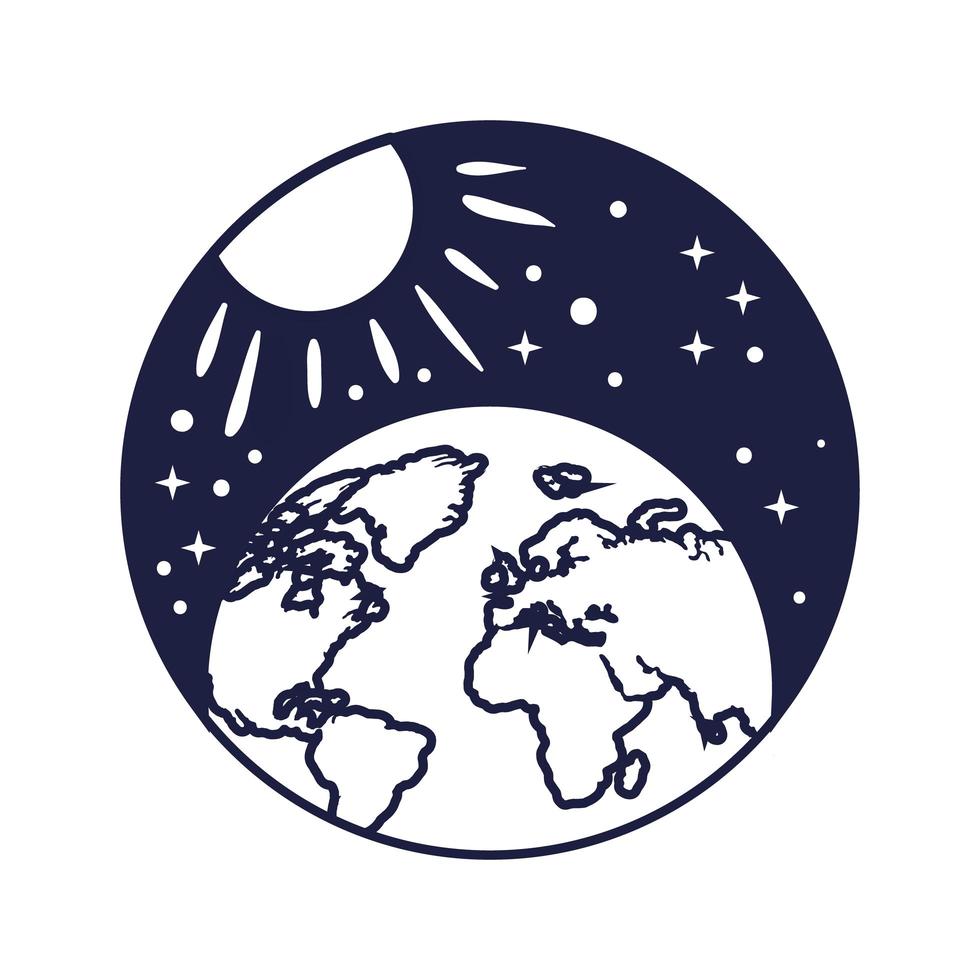 emblema do espaço com estilo de linha planeta Terra e sol vetor