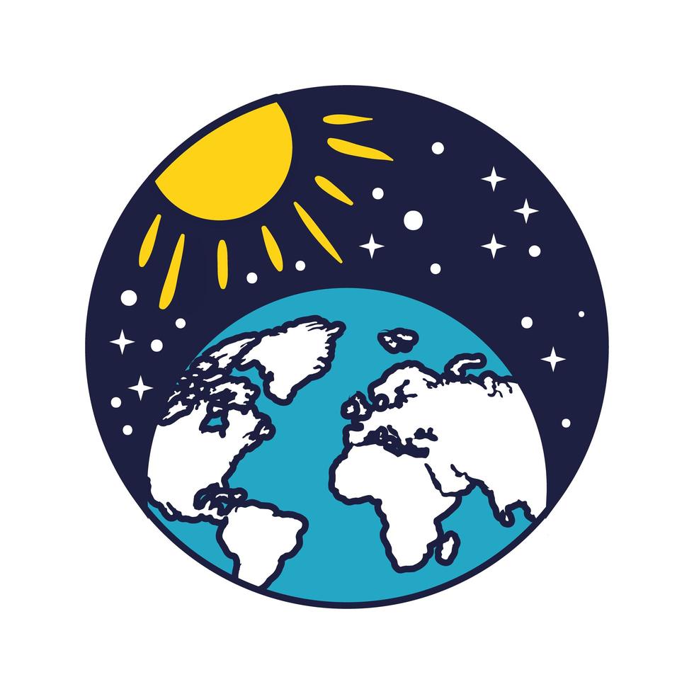 emblema do espaço com planeta Terra e linha do sol e estilo de preenchimento vetor