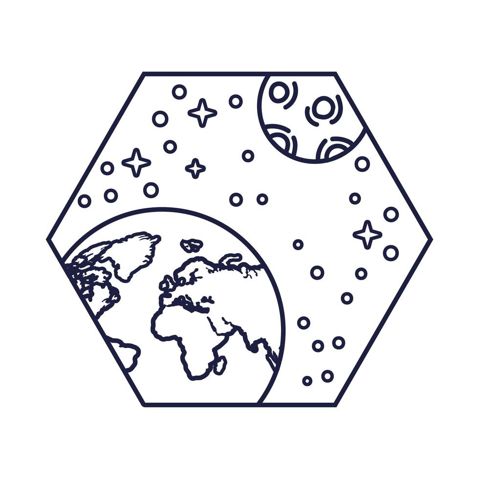 emblema do espaço com estilo de linha de planeta Terra e lua vetor