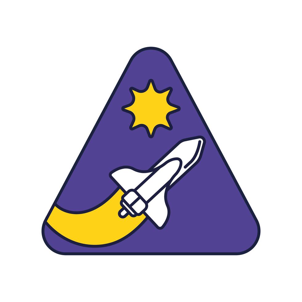 emblema triangular espacial com linha de vôo de nave espacial e estilo de preenchimento vetor