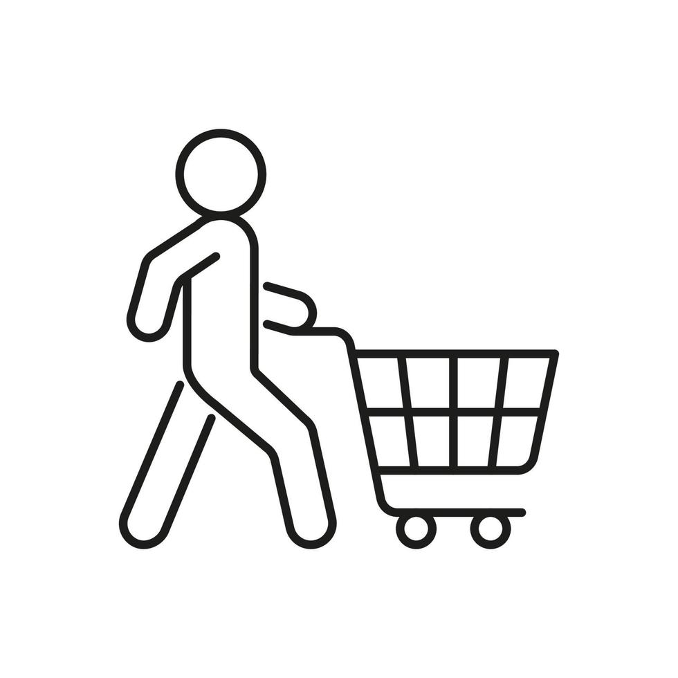 pessoa com carrinho de compras para fazer compras, comprar à venda, ícone de linha. comprador, sinal de entrega. ilustração de contorno vetorial vetor