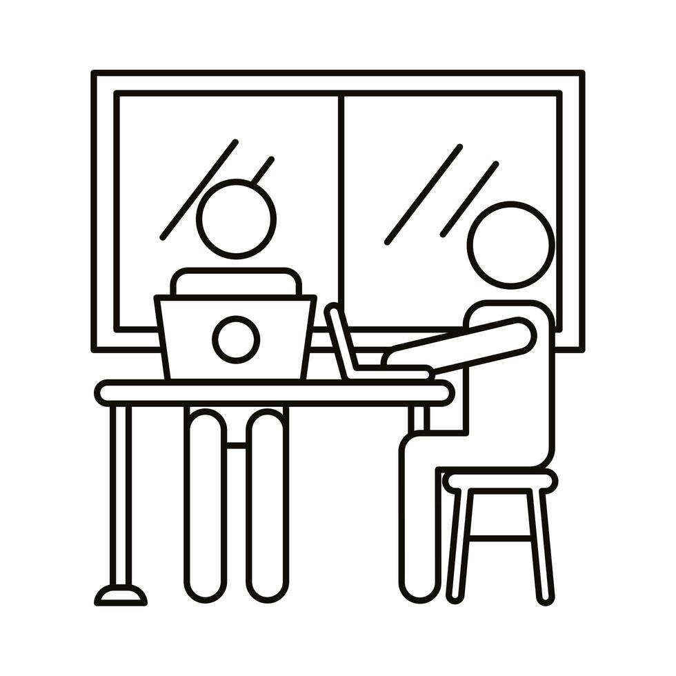 casal de avatar fazendo coworking em laptops no ícone de estilo de linha de escritório vetor