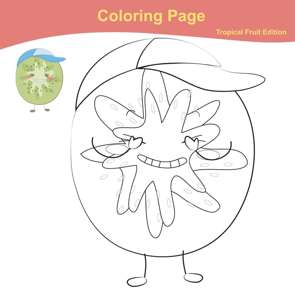 página de planilha de coloração de frutas. página de planilha de frutas fofas para colorir. planilha de colorir imprimível educacional. ilustração vetorial no estilo cartoon. vetor
