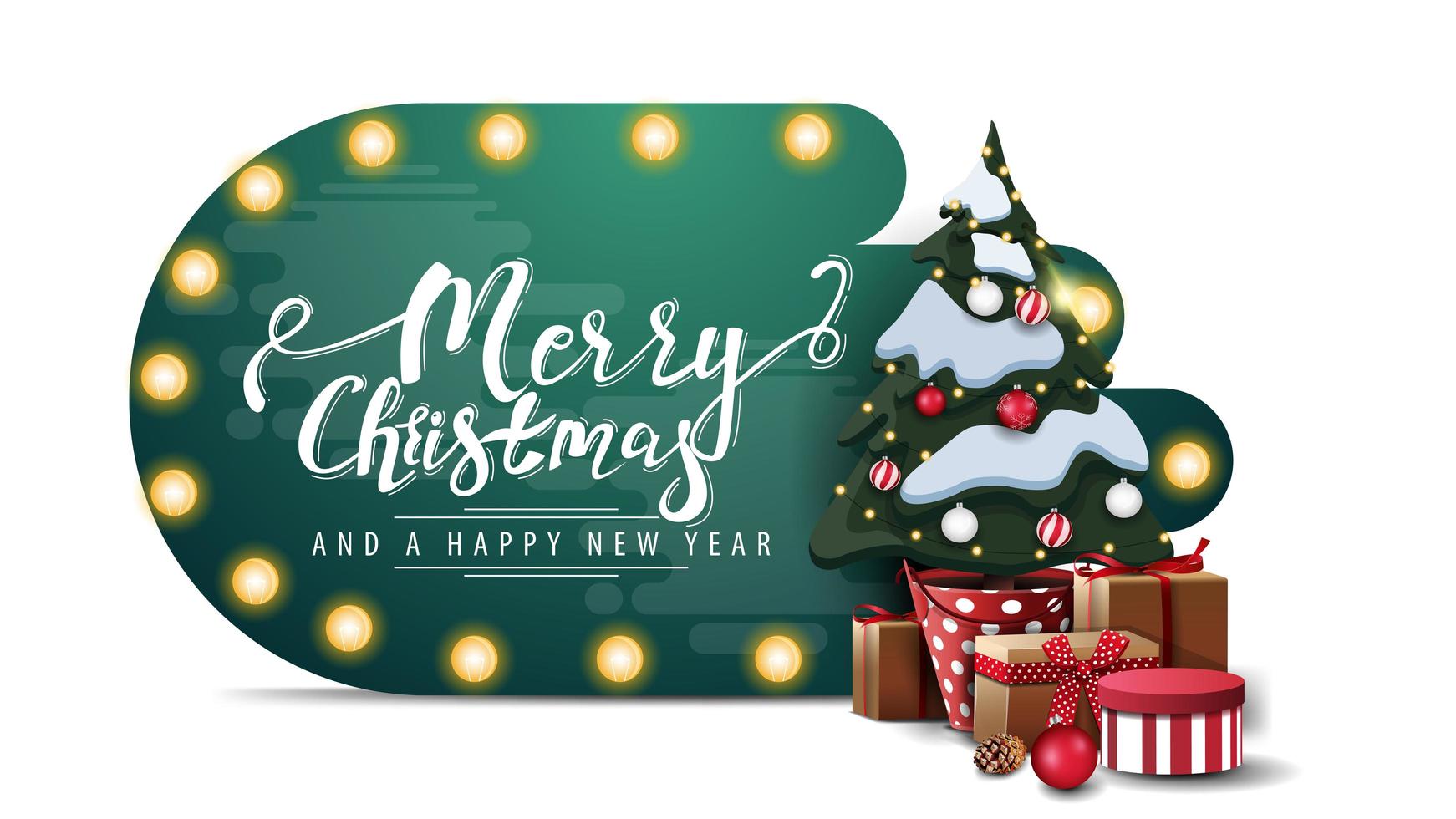 Feliz Natal e Feliz Ano Novo, cartão de forma abstrata verde com lâmpadas e árvore de Natal em uma panela com presentes isolados no fundo branco vetor