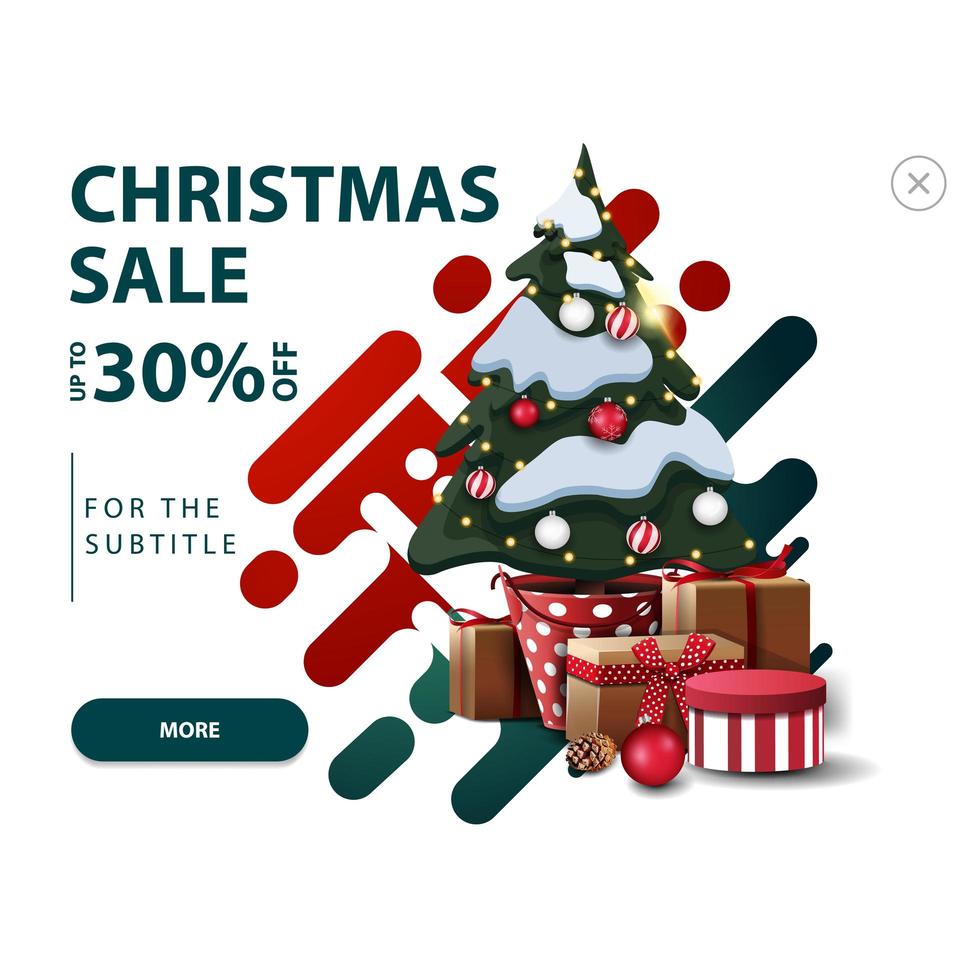 promoção de natal, desconto de até 30, desconto branco pop-up no site com formas abstratas em cores vermelhas e verdes e árvore de natal em um pote com presentes vetor