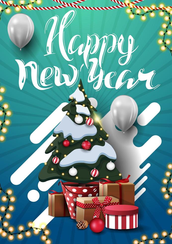 feliz ano novo, cartão postal de saudação vertical azul para a sua criatividade com árvore de natal em uma panela com presentes e balões brancos vetor