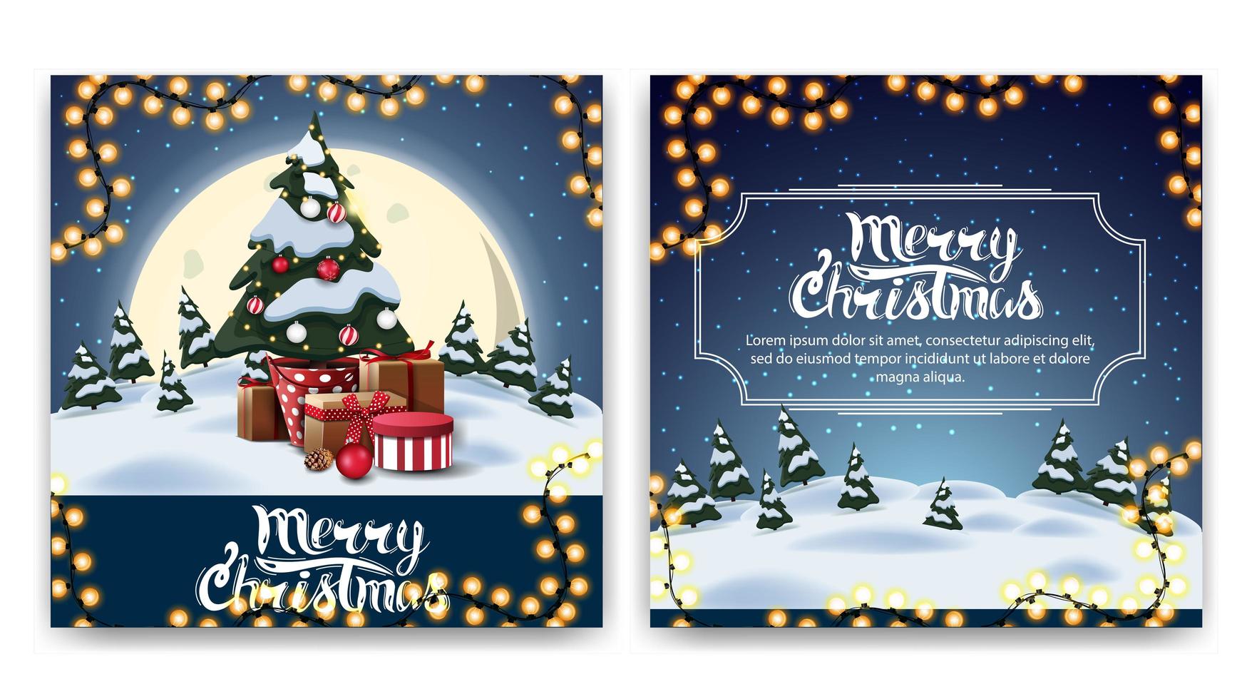 postal de dois lados do quadrado de natal com desenho animado de paisagem de inverno, grande lua amarela e árvore de natal em um pote com presentes vetor