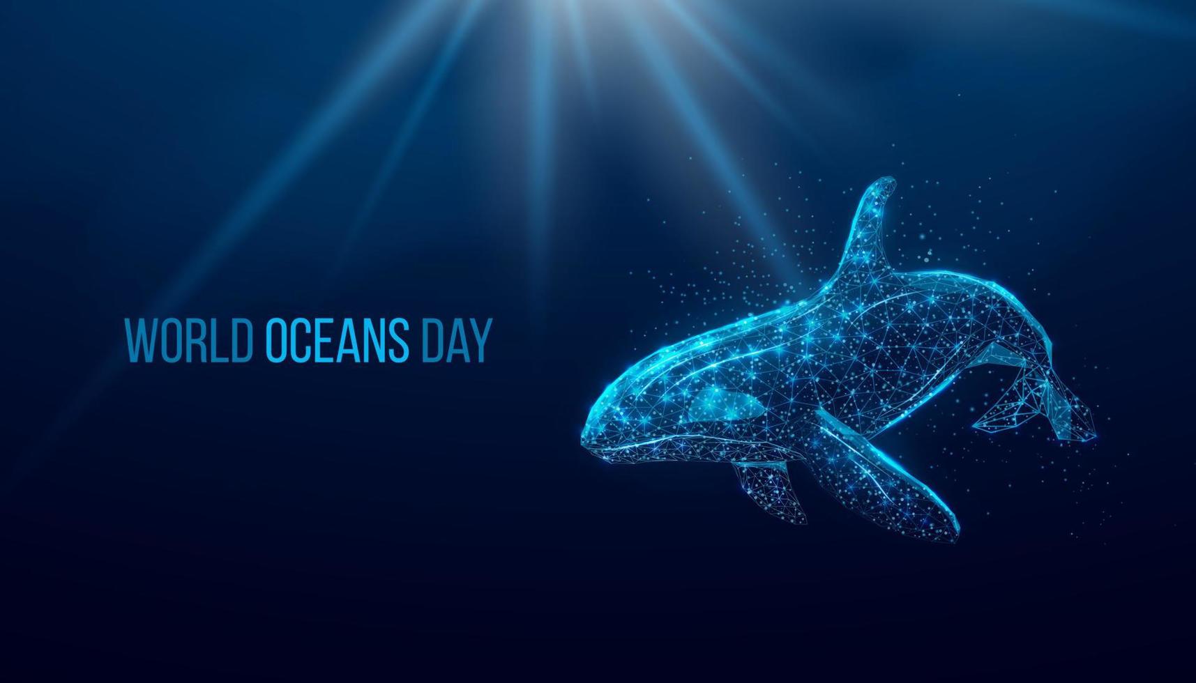 dia mundial dos oceanos. baleia orca de baixo poli brilhante wireframe. design em fundo azul escuro. ilustração em vetor futurista abstrato.