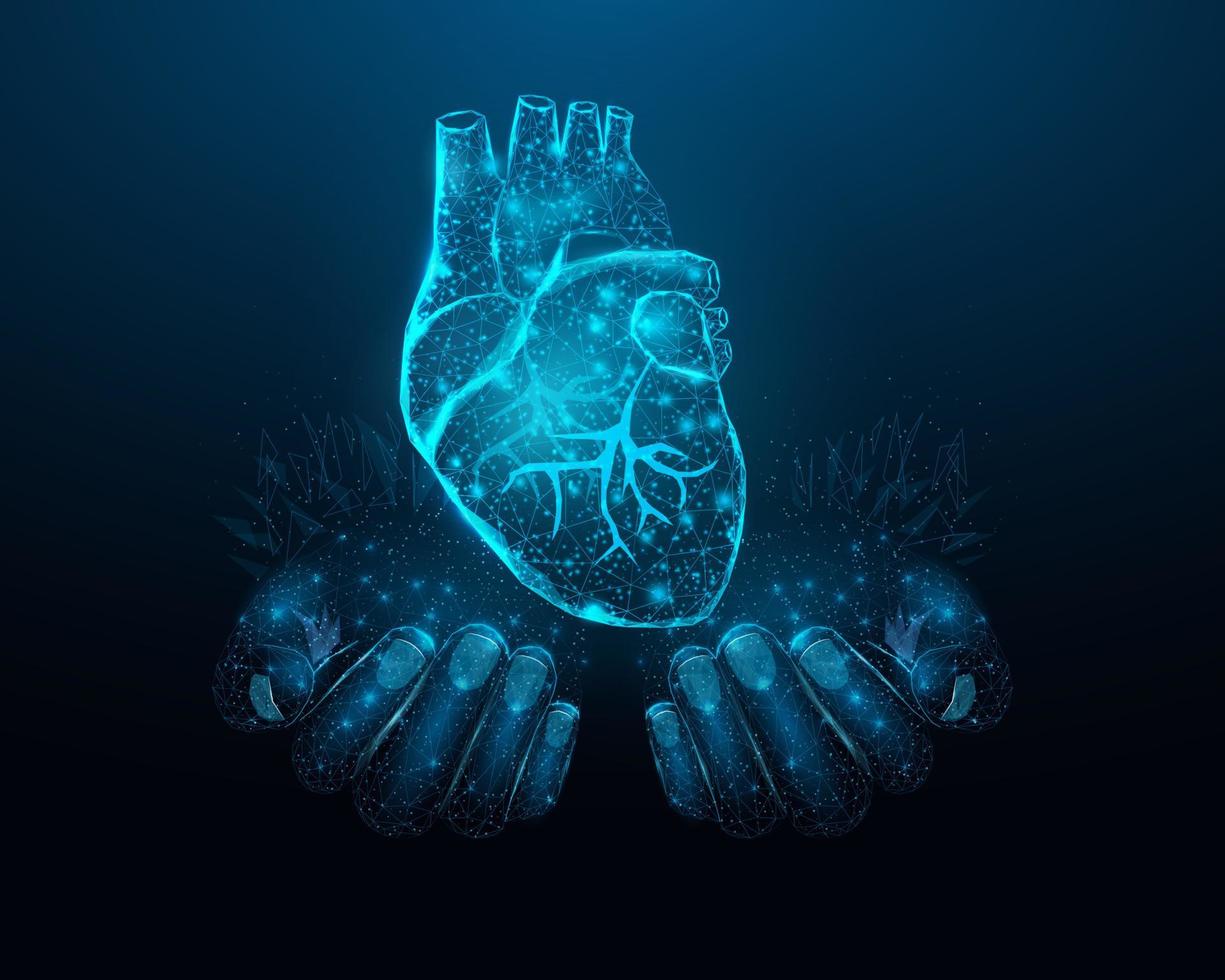 duas mãos humanas estão segurando o coração. coração de baixo poli brilhante de wireframe. design em fundo azul escuro. ilustração vetorial futurista abstrata. vetor