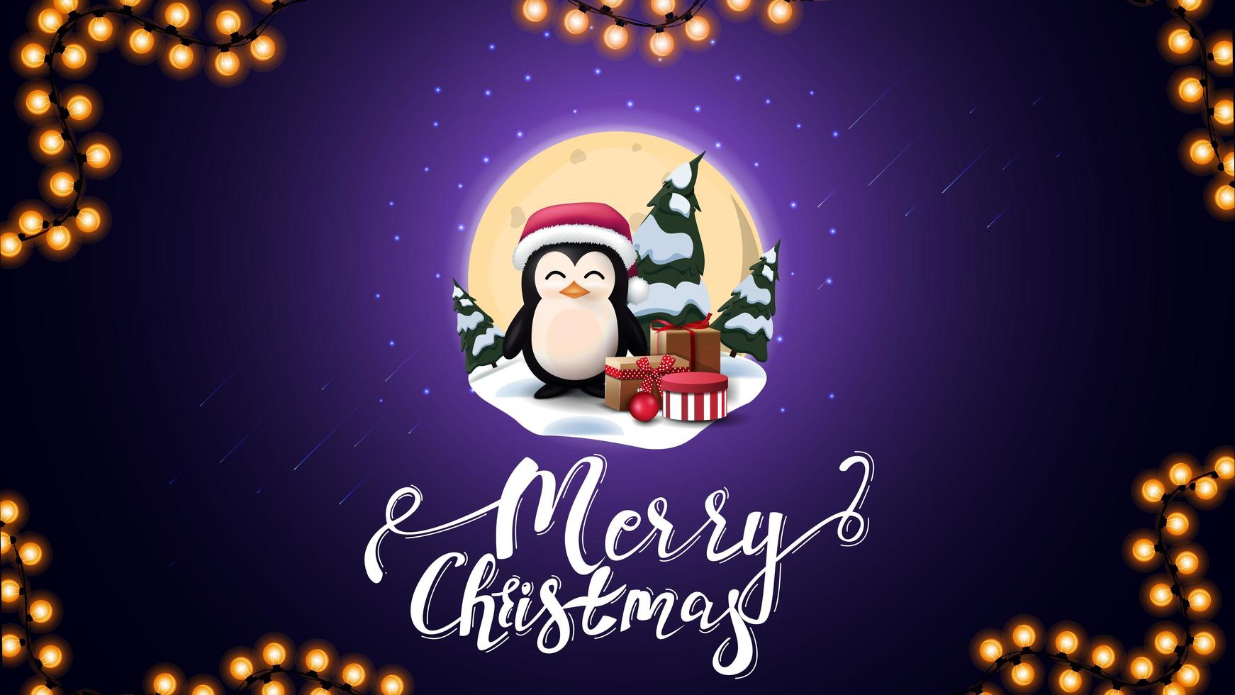 Feliz Natal, cartão postal azul com grande lua cheia, nevascas, pinheiros, céu estrelado e pinguim com chapéu de Papai Noel com presentes vetor