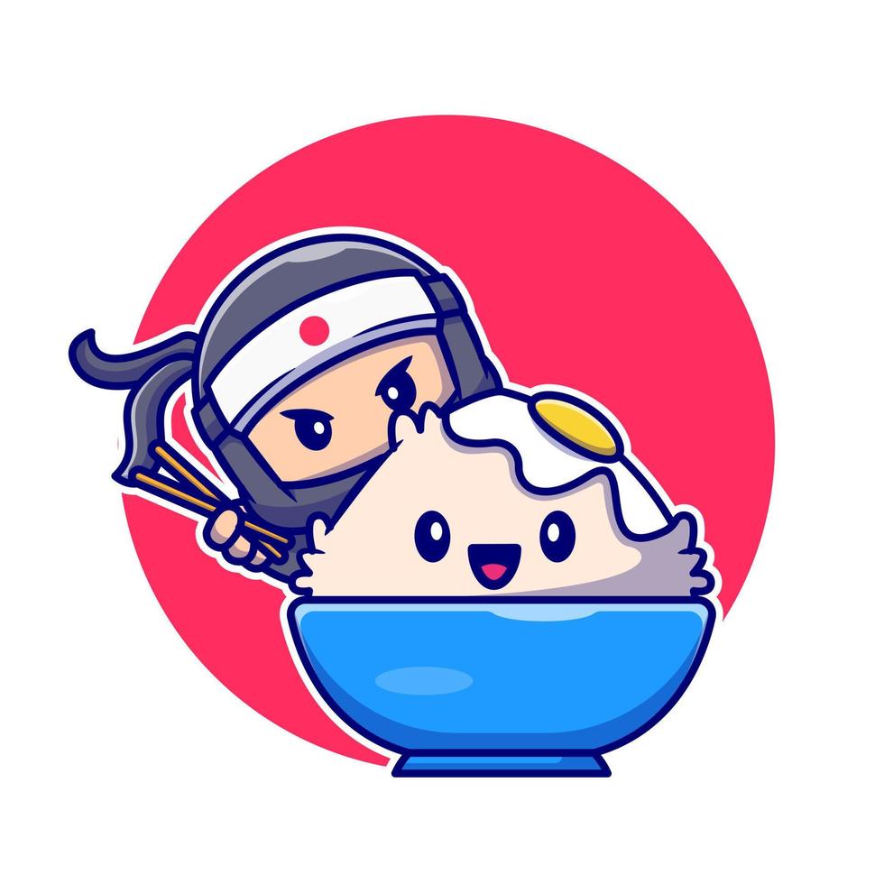 ninja bonito comendo tigela de arroz tamago com ilustração de ícone de vetor de desenho animado de pauzinho. conceito de ícone de comida de pessoas isolado vetor premium. estilo cartoon plana