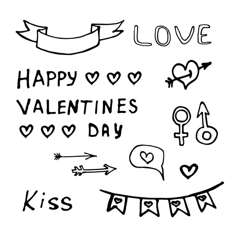 conjunto de elementos doodle de dia dos namorados. ilustração vetorial desenhada à mão romântica. elementos de design vetor