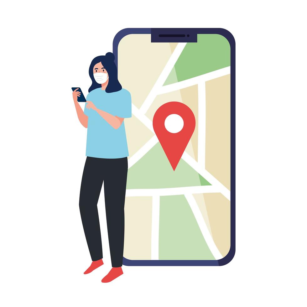 mulher com máscara segurando a marca de smartphone e GPS no desenho vetorial de mapa vetor