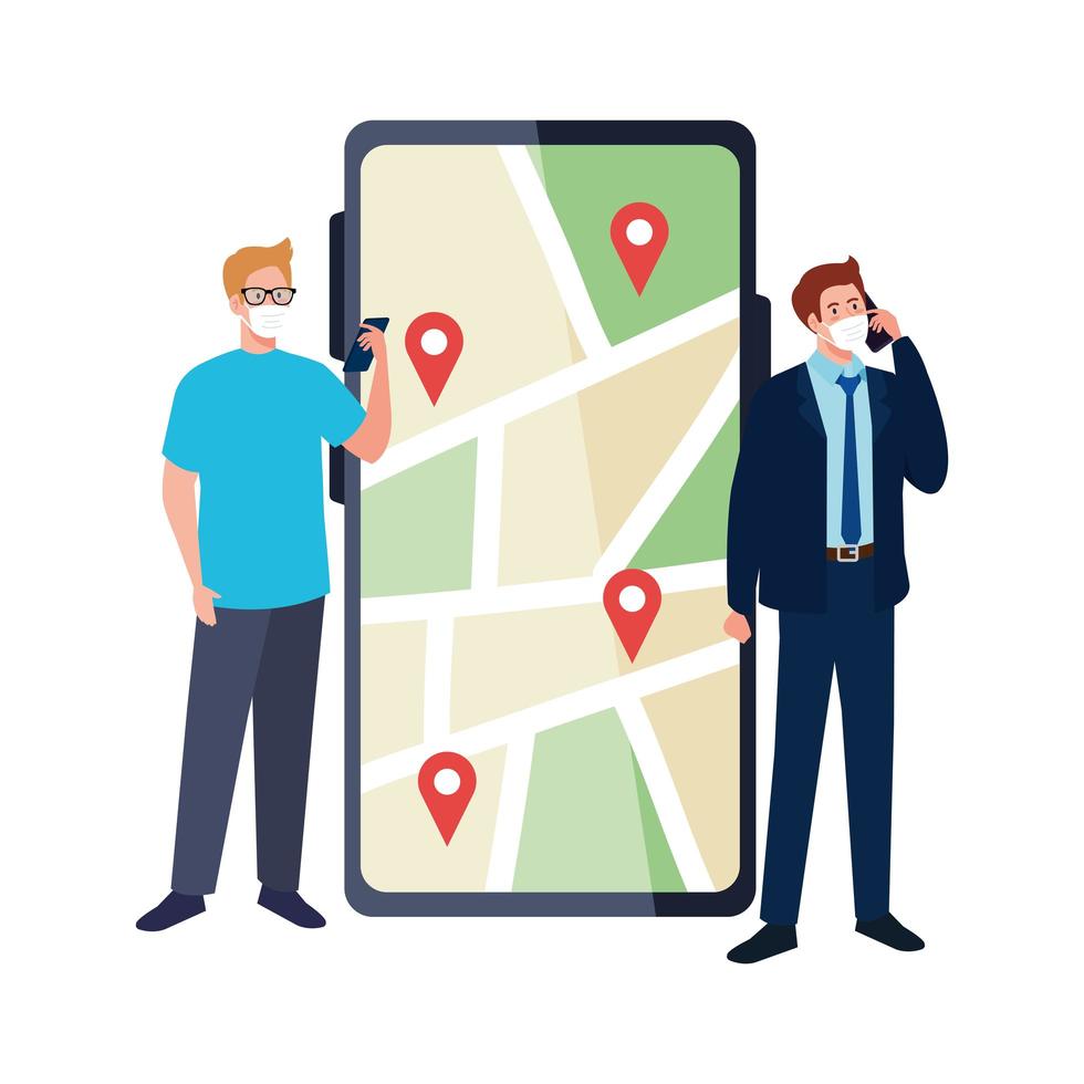 homens com máscaras segurando marcas de smartphone e GPS no desenho vetorial de mapa vetor