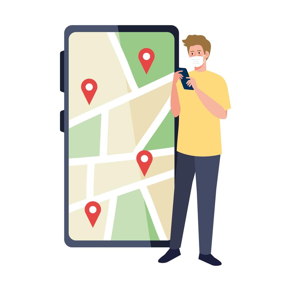 homem com máscara segurando marcas de smartphone e GPS no desenho vetorial de mapa vetor