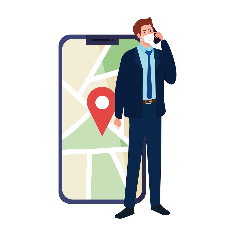 homem com máscara segurando a marca de smartphone e GPS no desenho vetorial de mapa vetor