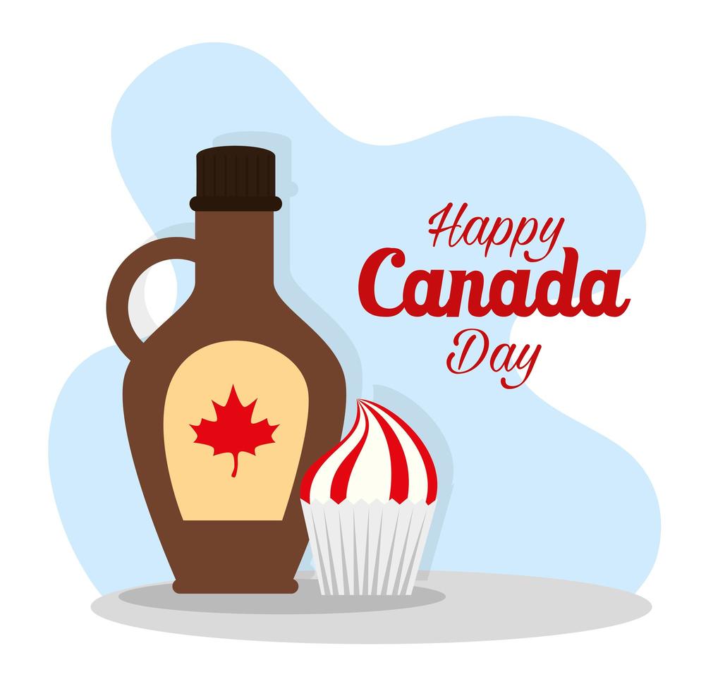 xarope de bordo canadense e cupcake do feliz dia do Canadá desenho vetorial vetor