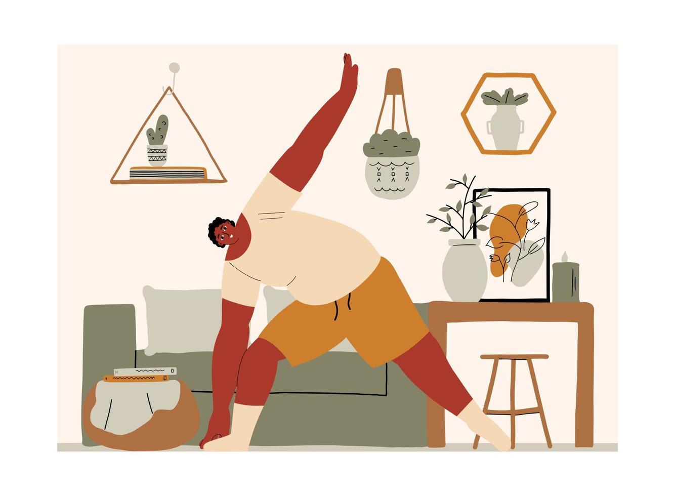 homem afro corpo positivo homem acima do peso fazendo ioga em casa. personagem masculino se exercitando para perder peso. ilustração em vetor mão desenhada estilo.