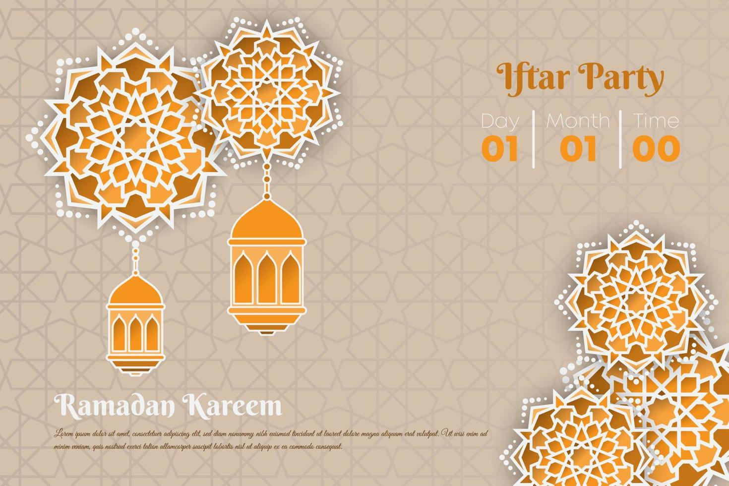 design de ramadan kareem ou eid mubarak com lanterna e mandala em design de fundo amarelo vetor