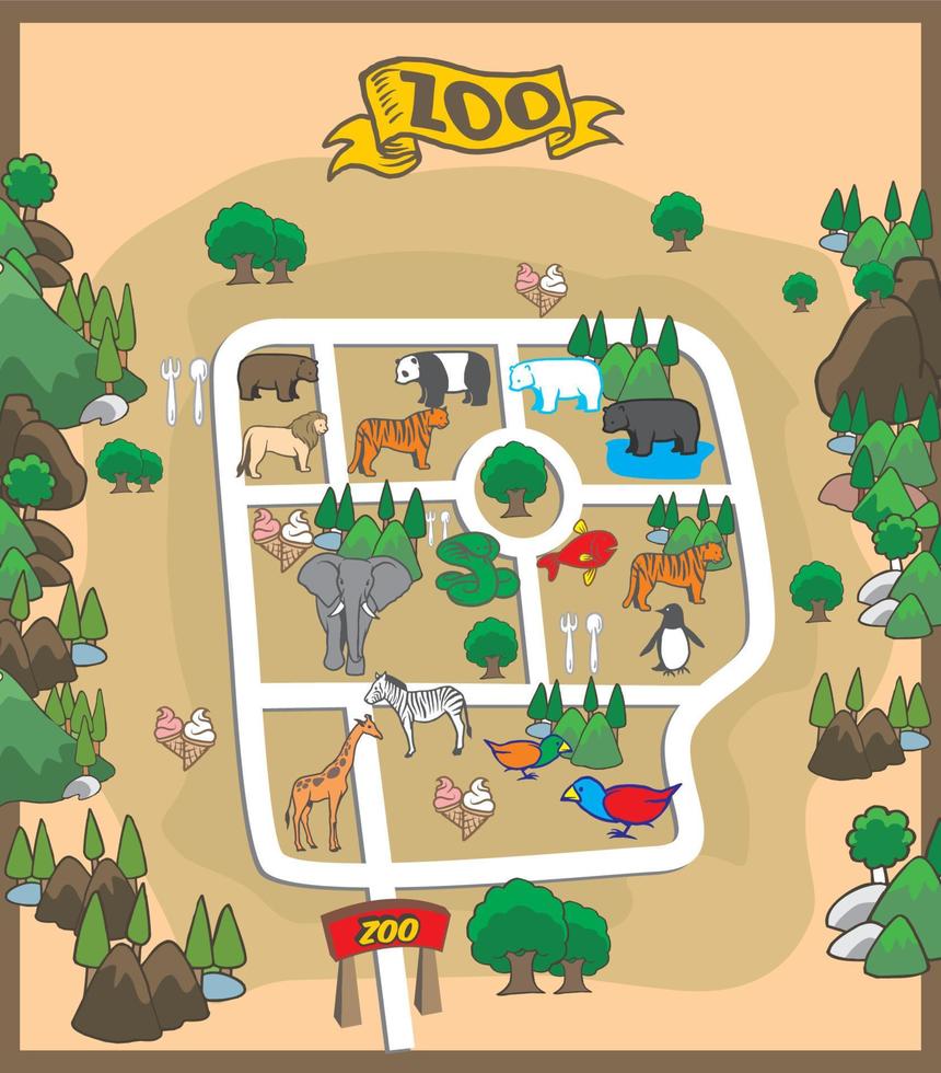 mapa do parque zoológico em estilo cartoon vetor