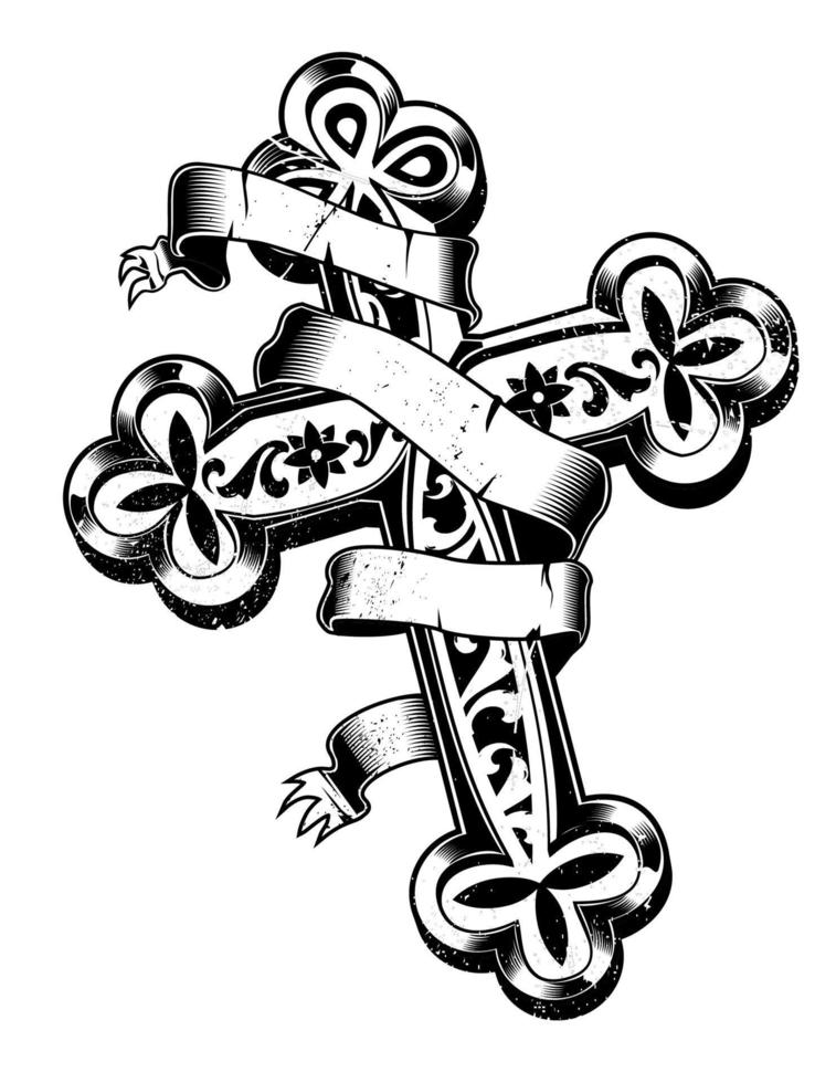 cruz antiga com fita ao redor no estilo grunge vetor