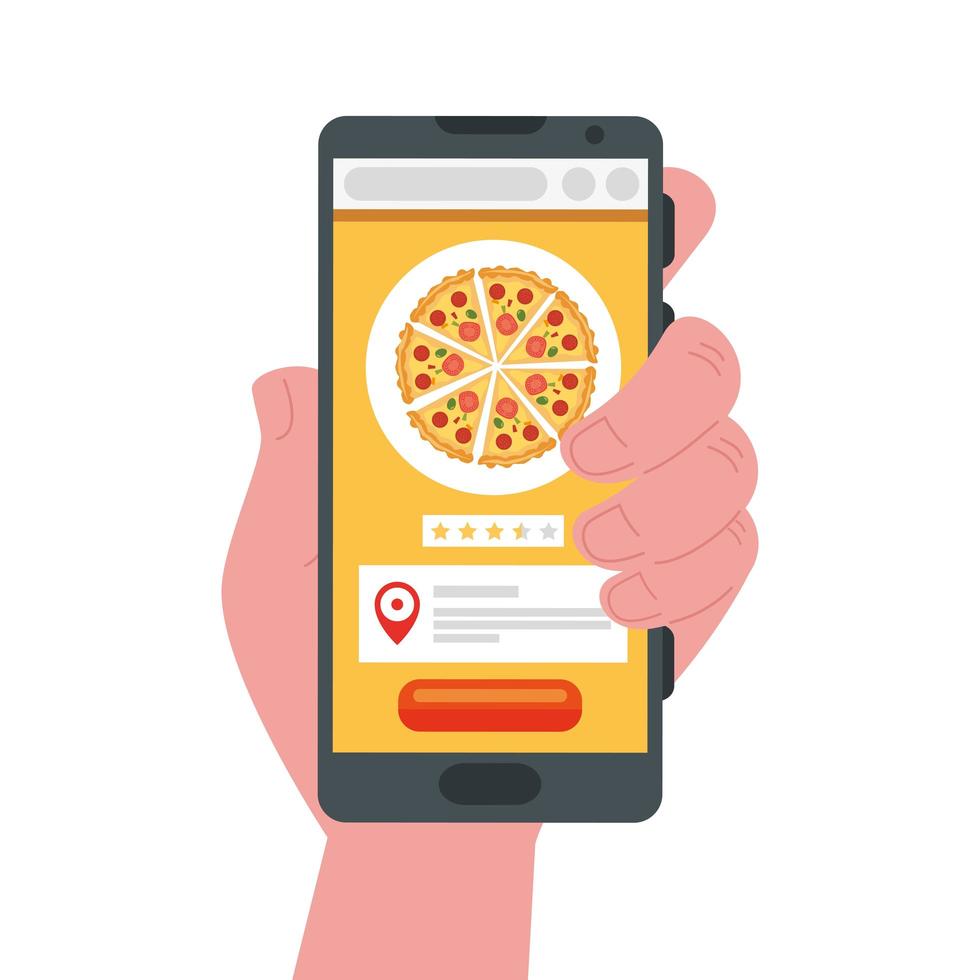 mão segurando smartphone com pizza de design de vetor de entrega segura