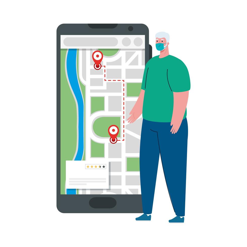 cliente homem com máscara e smartphone com desenho vetorial de marcas de GPS vetor