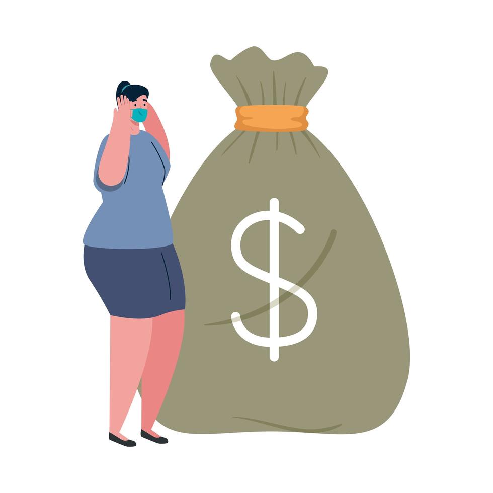 mulher com máscara e bolsa de dinheiro de desenho vetorial de falência vetor