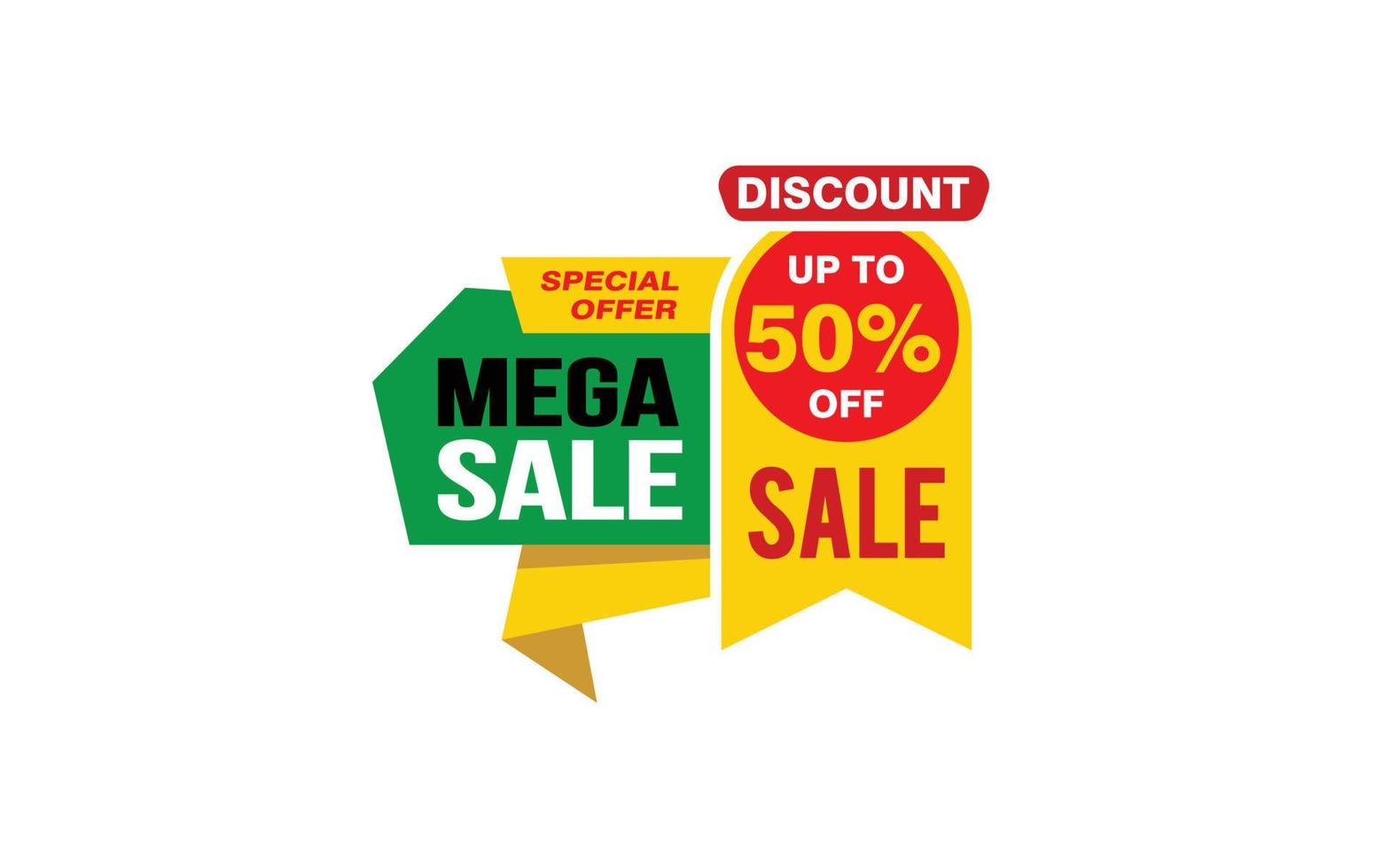 Oferta de mega venda de 50%, liberação, layout de banner de promoção com estilo de adesivo. vetor