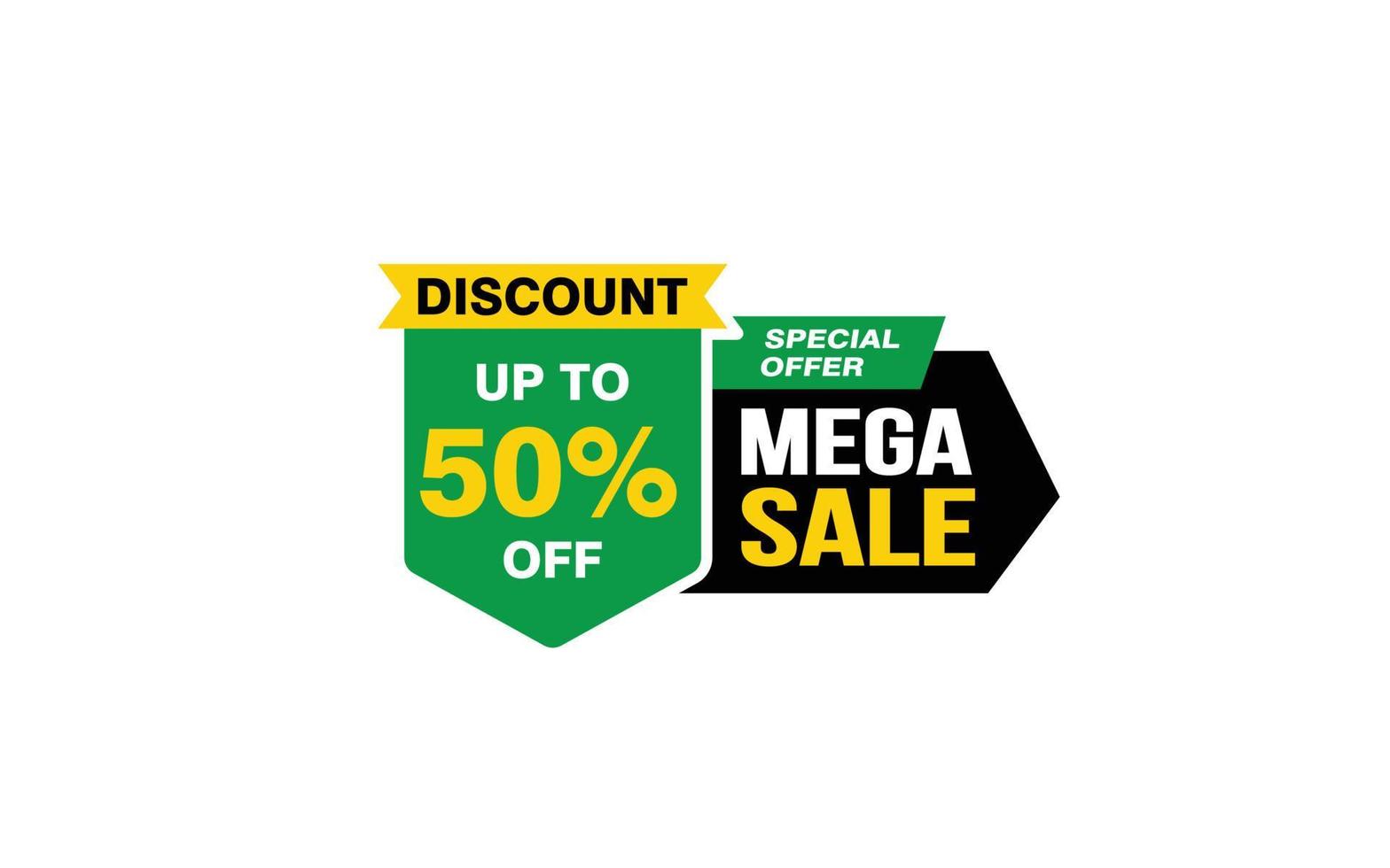 Oferta de mega venda de 50%, liberação, layout de banner de promoção com estilo de adesivo. vetor