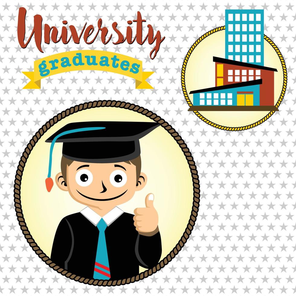 menino em vestido de pós-graduação com edifícios universitários, ilustração de desenho vetorial vetor