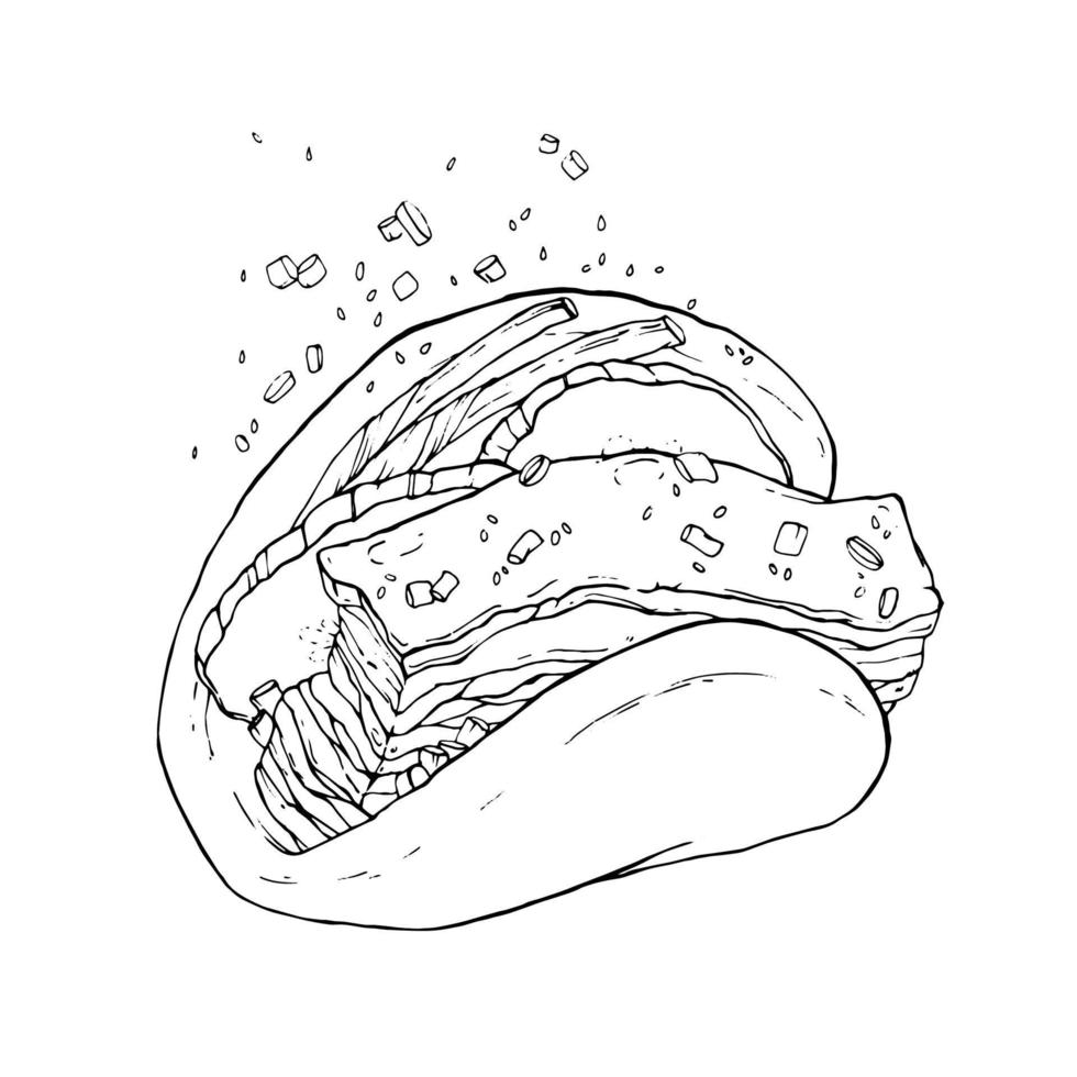 vector illustration.taiwanese lanche gua bao. um pedaço de carne cozida com pepino e cebolinha em pãezinhos cozidos no vapor. papel de parede de cozinha asiática para menu, embalagem, café, restaurante.