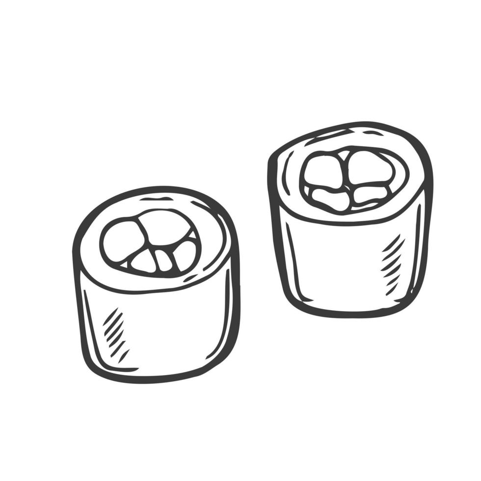 Rolos de sushi de símbolo tradicional preto e branco do Japão em tinta isolada no fundo branco. elemento decorativo vetorial desenhado à mão em estilo doodle para decoração, cartão postal, panfleto, banner ou site vetor