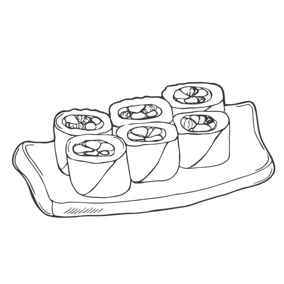 rolos de sushi de símbolo tradicional preto e branco do japão em tinta isolada no fundo branco. elemento decorativo vetorial desenhado à mão em estilo doodle para decoração, cartão postal, panfleto, banner ou site vetor