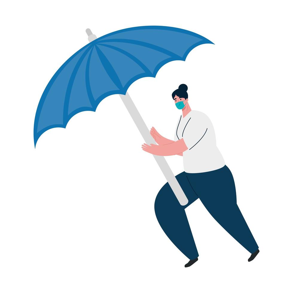 mulher com máscara médica e desenho vetorial de guarda-chuva vetor