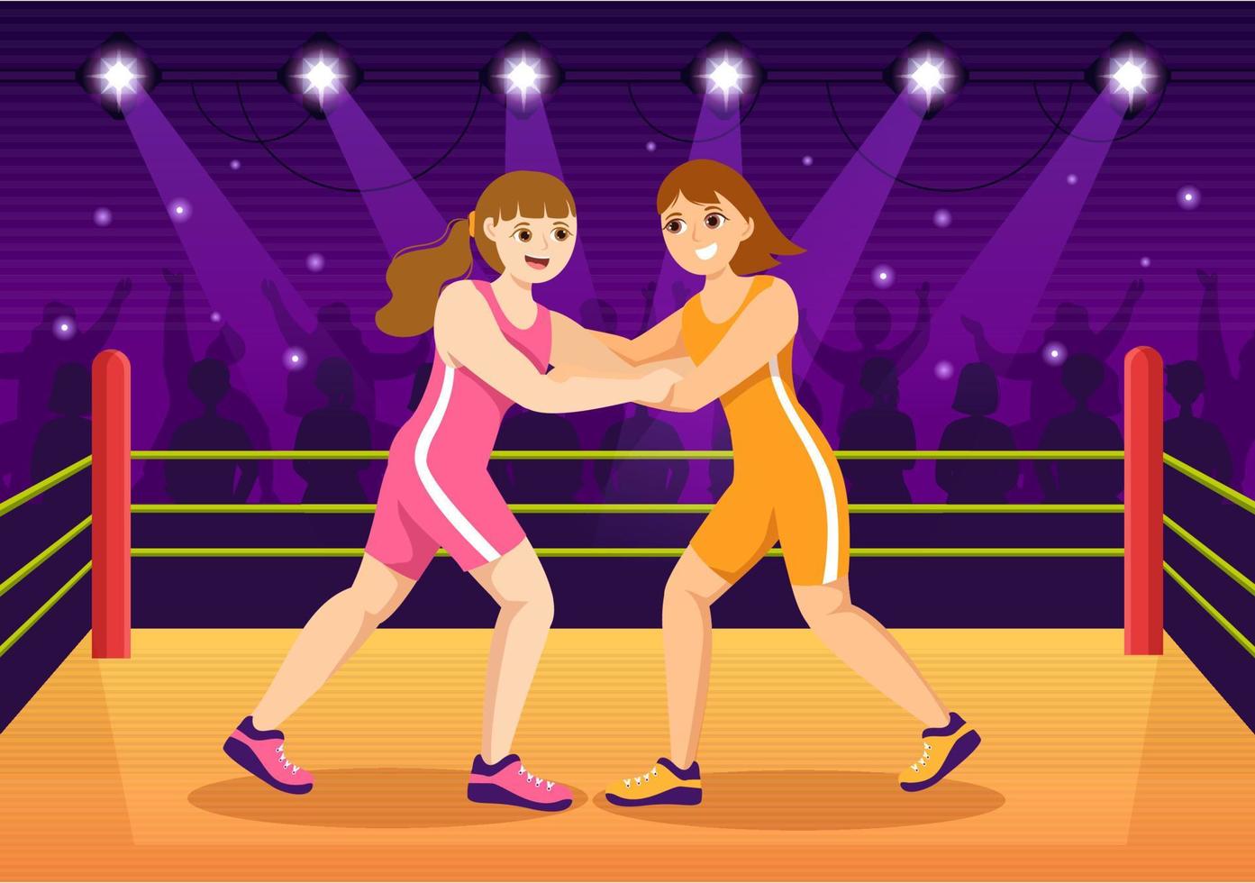 ilustração de luta livre com dois lutadores competição de boxe ou esporte de campeonato em uma arena em desenhos animados planos desenhados à mão para modelos de páginas de aterrissagem vetor