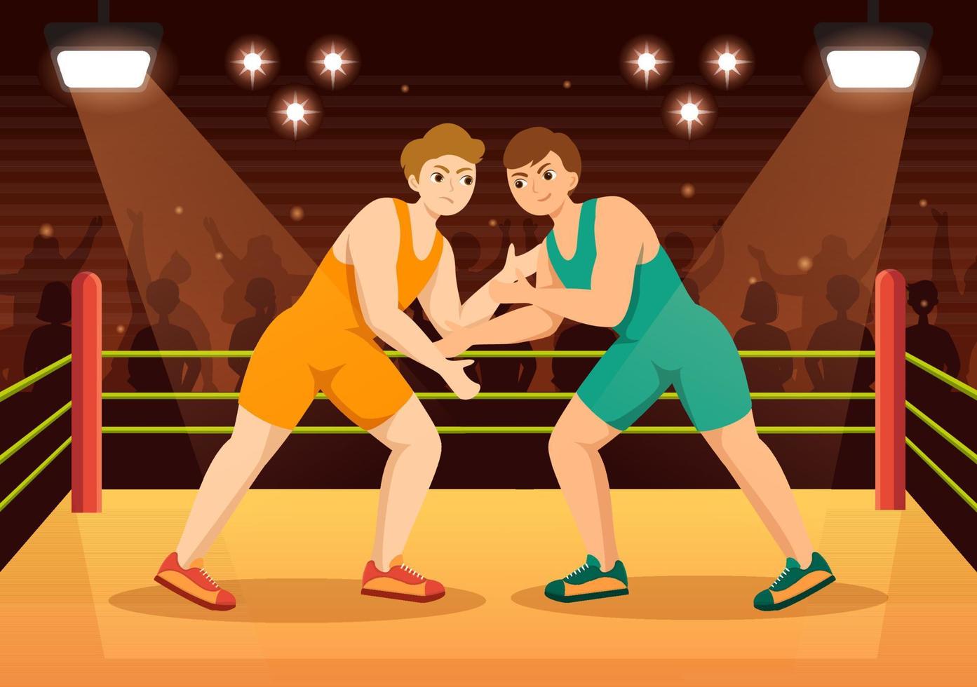 ilustração de luta livre com dois lutadores competição de boxe ou esporte de campeonato em uma arena em desenhos animados planos desenhados à mão para modelos de páginas de aterrissagem vetor