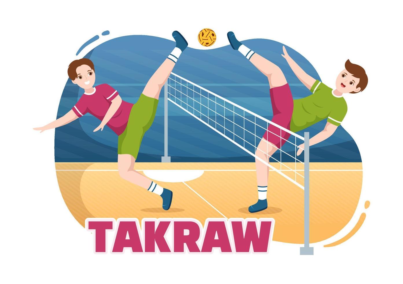 ilustração de sepak takraw com atleta jogando bola na quadra em desenho animado de competição de jogos esportivos planos desenhado à mão para o modelo de página de aterrissagem vetor