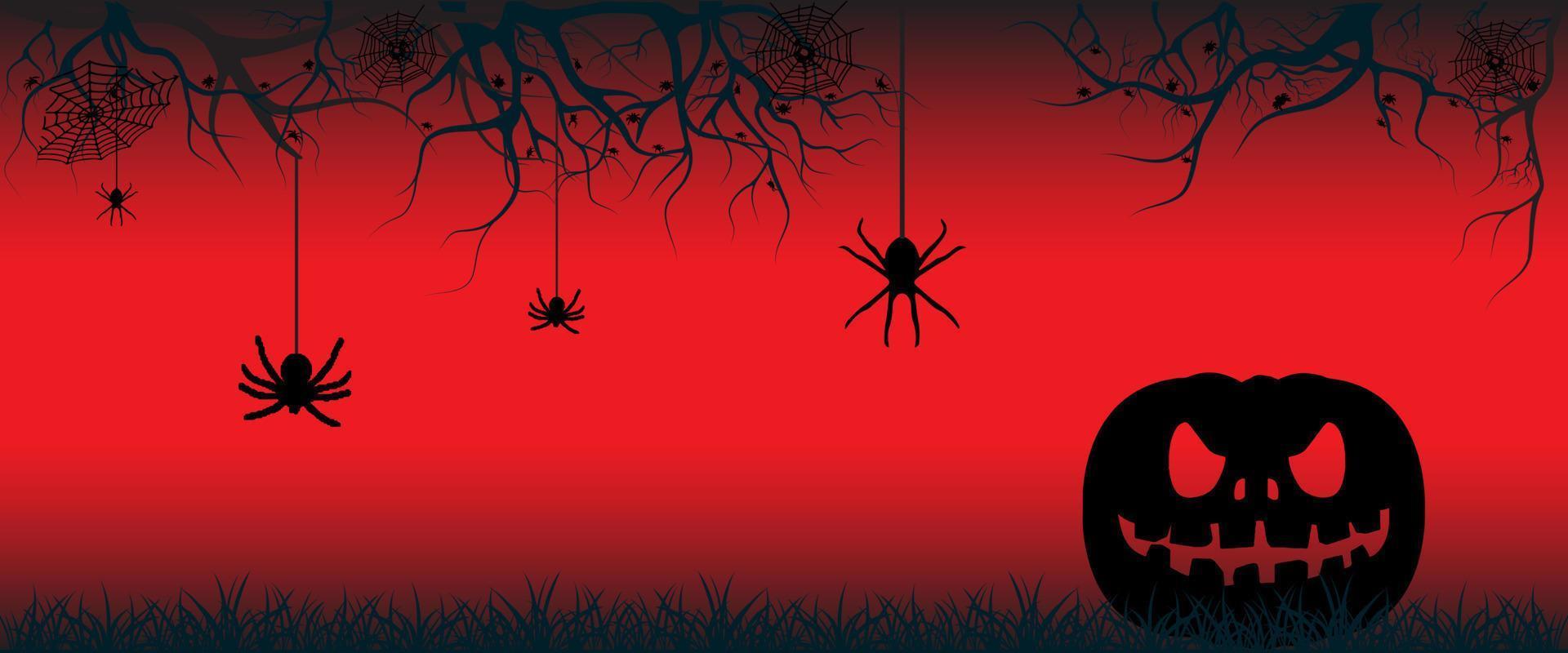 fundo do conceito de halloween com uma abóbora, árvore, grama e aranhas. vetor