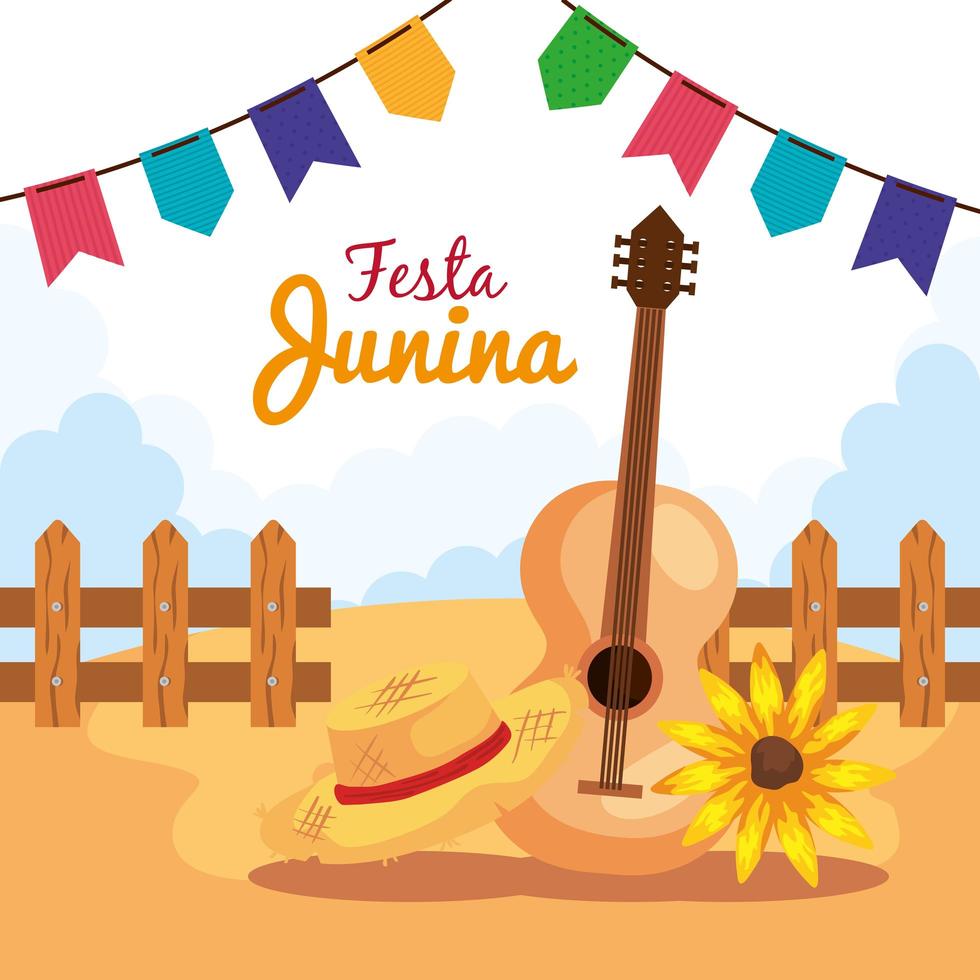 festa junina com violão e decoração, festa junina brasil, decoração de comemoração vetor
