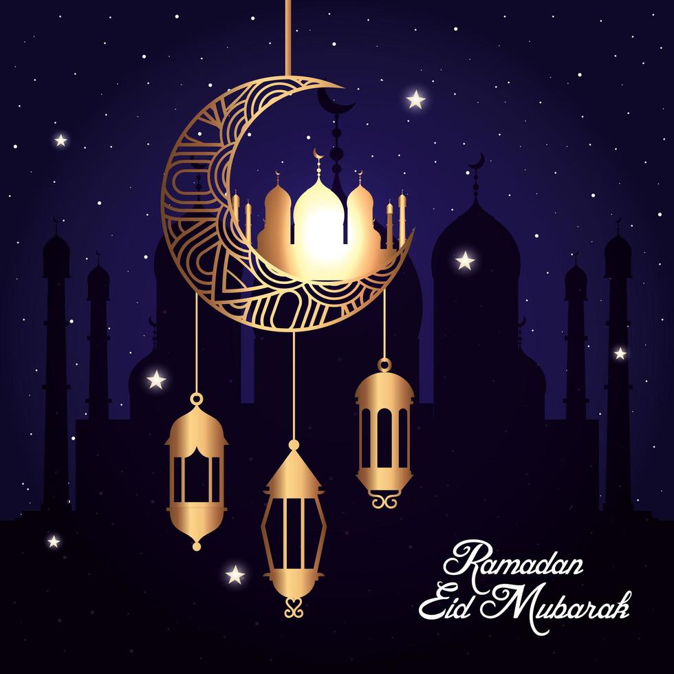 ramadan eid mubarak, lua pendurada com mesquita e lanternas penduradas vetor