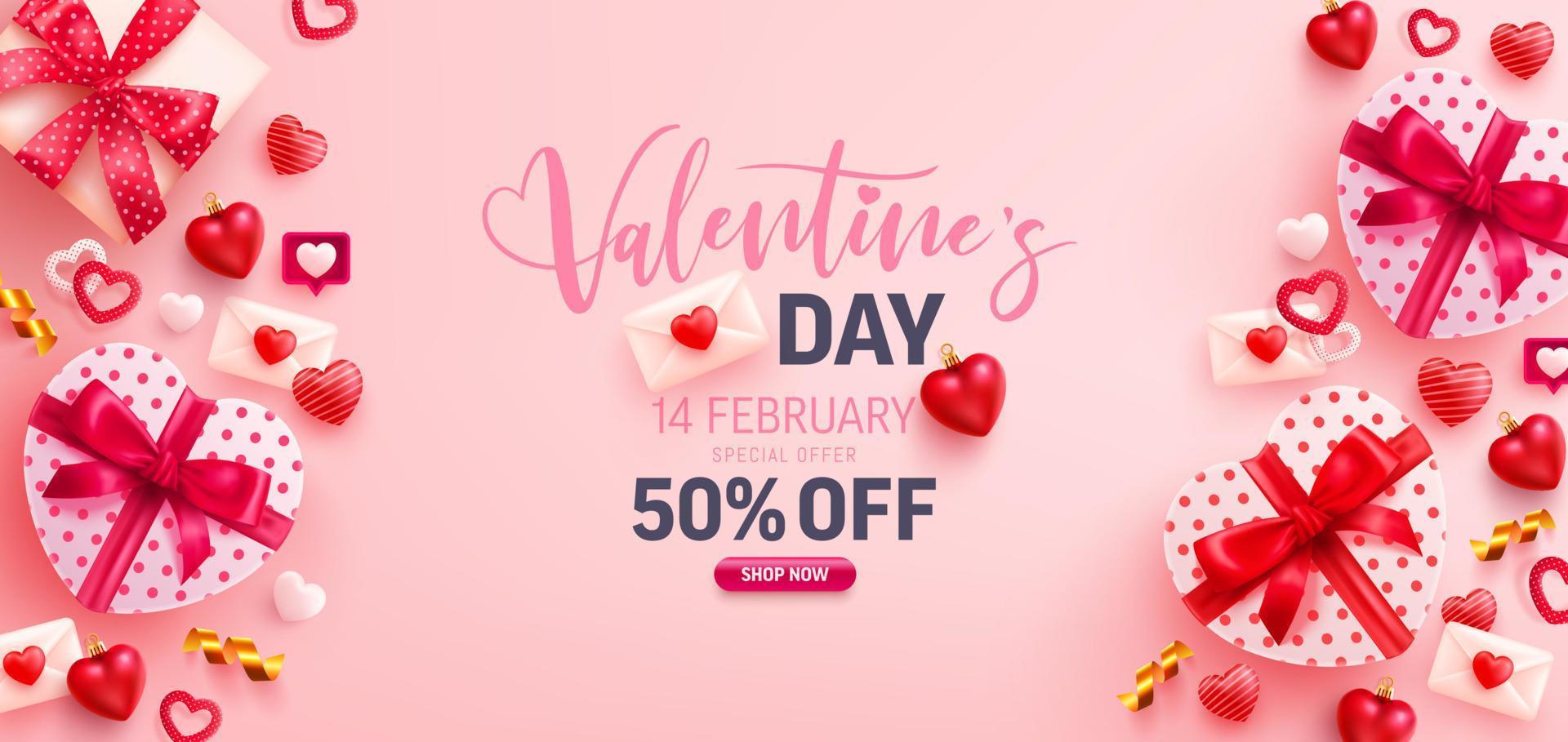 cartaz de venda de dia dos namorados feliz ou banner com caixa de presente em forma de coração, corações doces e elementos de dia dos namorados em rosa .promotion e modelo de compras para o conceito de amor e dia dos namorados. vetor