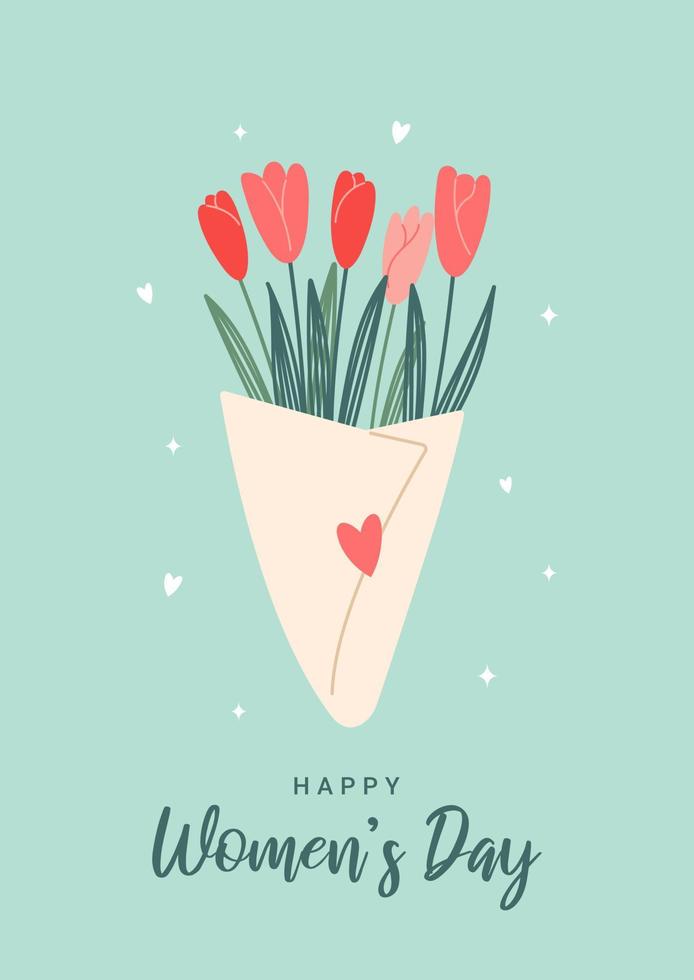 feliz dia da mulher. lindo cartão com um buquê de tulipas. ilustração vetorial festiva moderna para a celebração de 8 de março. vetor