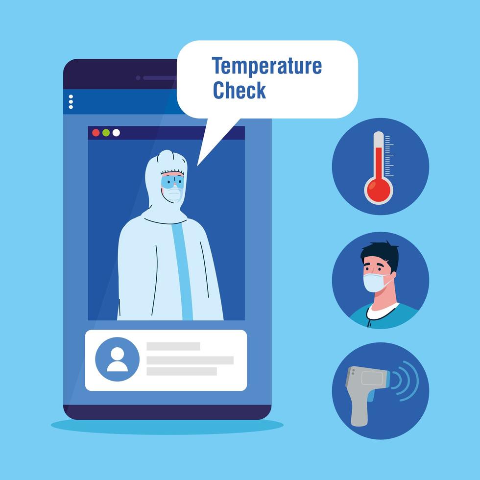 verificação de temperatura por termômetro sem contato e smartphone, verificação de novas tecnologias, ícones médicos vetor